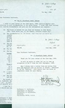 Correspondence from Oxford University to Thomas Parkinson, May 1984. RE: Parkinson's guest lectur...