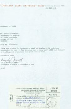 TLS Beverly Jarrett to Thomas Parkinson, November 16, 1984. RE: Yeats. Includes Parcel Post notic...