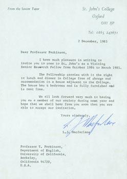 Seller image for TLS L. J. Macfarlane to Thomas Parkinson, December 2, 1983. RE: Parkinson's appointment as a Visiting Senior Research Fellow. for sale by Wittenborn Art Books