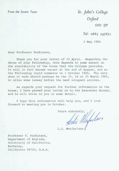 TLS L. J. Macfarlane to Thomas Parkinson, March 2, 1984. RE: dates of Parkinson's Fellowship.