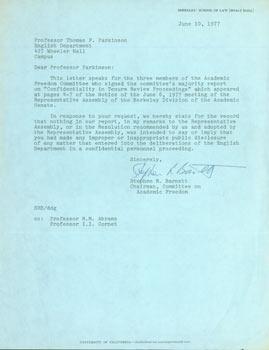 TLS Stephen R. Barnett to Thomas Parkinson, June 10, 1977. RE: Academic Freedom.