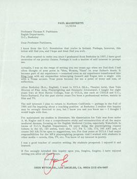 Bild des Verk�ufers f�r TLS Paul Magistretti to Thomas Parkinson, November 30, 1984. RE: Shakespeare, Medieval literature. zum Verkauf von Wittenborn Art Books