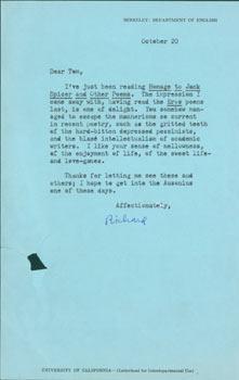Imagen del vendedor de TLS Richard M. Bridgman to Thomas Parkinson, October 20, [1970]. RE: Homage To Jack Spicer And Other Poems. a la venta por Wittenborn Art Books