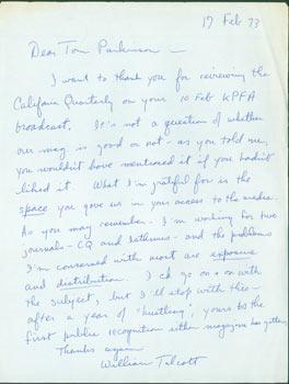 Seller image for ALS William Talcott to Thomas Parkinson, February 17, 1973. RE: Talcott thanking Parkinson for reviewing California Quarterly on KPFA. for sale by Wittenborn Art Books