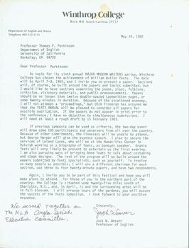 TLS Jack Weaver to Thomas Parkinson, May 24, 1982. RE: Yeats as theme for Major Modern Writers se...
