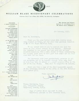 Image du vendeur pour TLS Vaughan to Thomas Parkinson July 18, 1958. RE: William Blake Bicentenary Celebrations. mis en vente par Wittenborn Art Books