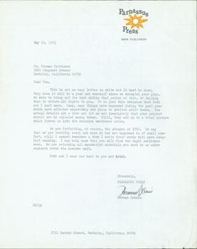 Immagine del venditore per TLS Herman Schein to Thomas Parkinson, May 22, 1972. RE: Schein declining to publish Parkinson's play, returning the advance, not wanting to publish adult books. venduto da Wittenborn Art Books