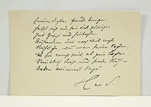 Image du vendeur pour Eigenh. 8-zeiliges Gedicht m. Monogramm. mis en vente par Versandantiquariat Wolfgang Friebes