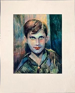 Farbige Aquarell-Zeichnung: Junge mit grünen Augen; Brustbild in Frontalansicht. Links unten sign...