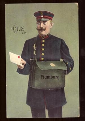 Ansichtskarte AK Gruss aus Hamburg, Briefträger mit Tasche und darin Leporello mit Bildern v. Ham...