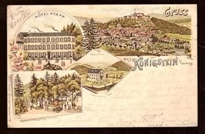 Ansichtskarte AK Gruss aus Königstein im Taunus (Litho, 4 Motive. Hotel Pfaff, Parkanlage und Gar...