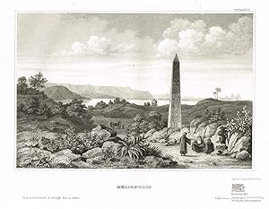 Heliopolis. Ansicht einer antiken Stele in Algerien mit Reisenden bei der Rast. Stahlstich um 1850