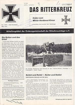Imagen del vendedor de Das Ritterkreuz. Mitteilungsblatt der Ordensgemeinschaft der Ritterkreuztrger e.V. Nr. 1(1974) a la venta por Antiquariat Jterbook, Inh. H. Schulze