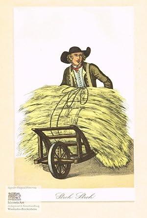Stroh Stroh. Straßenhändler mit einer Karre Stroh. Reprint einer kolorierten Lithographie von Chr...