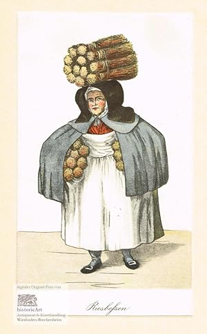Riesbessen. Straßenhändlerin mit einem Bündel Reisigbesen auf dem Kopf. Reprint einer kolorierten...