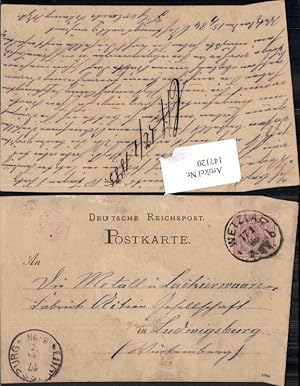 147120,Deutsche Reichspost Postkarte 1884 Wetzlar nach Ludwigsburg