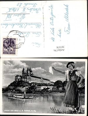 Seller image for 367278,Gru aus Melk an d. Donau Stift Dampfer Fotomontage Frau in Tracht m. Hut for sale by Versandhandel Lehenbauer