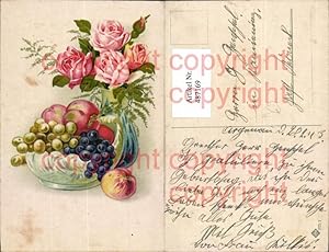 Bild des Verkufers fr 487169,Knstler Ak Vase m. Rosa Rosen Schale m. Obst Weintrauben Pfirsiche Blumen zum Verkauf von Versandhandel Lehenbauer