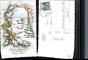 Bild des Verkufers fr 323164,Knstler AK Weihnachten Winterlandschaft Kirche Steinbogen Hufeisen Pilze zum Verkauf von Versandhandel Lehenbauer