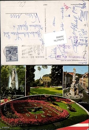 Bild des Verkufers fr 366880,Baden b. Wien Dreifaltigkeitssule Kurhaus Blumenuhr Undine-Brunnen Mehrbildkarte zum Verkauf von Versandhandel Lehenbauer