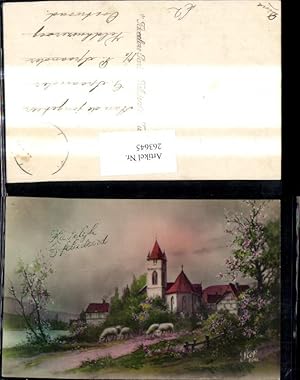 Bild des Verkufers fr 263645,Knstler Ak Kirche Landschaft Schafe Schafherde zum Verkauf von Versandhandel Lehenbauer