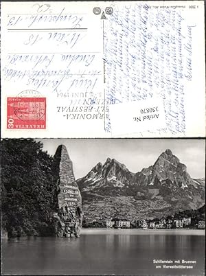 Bild des Verkufers fr 350870,Schillerstein m. Brunnen Bergkulisse Kt Schwyz Harmonika-Welt-Festival Luzern 1964 zum Verkauf von Versandhandel Lehenbauer
