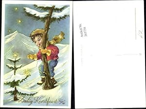 Image du vendeur pour 263738,Knstler Ak Kinder Bub Junge b. Baum Winterlandschaft Stern Zalig Kerstfeest Goldverzierung mis en vente par Versandhandel Lehenbauer