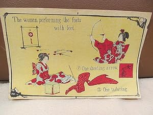 The women performing the feats with feet. 1, One shooting arrow. 2, One tailoring Japanischer Far...