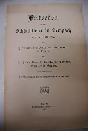 Bild des Verkäufers für Festreden an der Schlachtfeier in Sempach vom 7. Juli 1913. zum Verkauf von Antiquariat Bookfarm