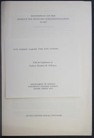 Immagine del venditore per Sonderdruck: Elizabeth M. Wilkinson, L. A. Willoughby: "Nachlese zu Schillers sthetik. Auf Wegen der Herausgeber". Reprint from: Jahrbuch der Deutschen Schillergesellschaft, XI, 1967 venduto da Steven Wolfe Books