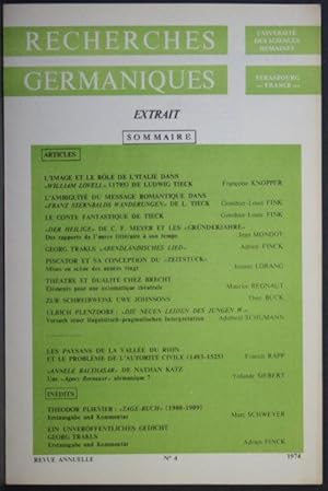 Bild des Verkufers fr Extrait, Sonderdruck: "Georg Trakls Abendlndisches Lied". Reprinted from: Recherches Germaniques, No. 4, 1974 zum Verkauf von Steven Wolfe Books