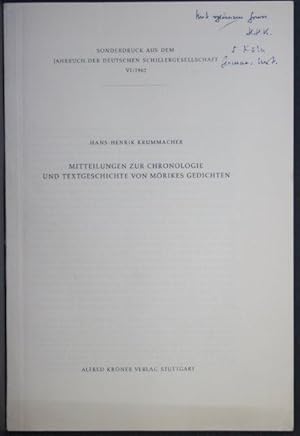 Bild des Verkufers fr Sonderdruck: "Mitteilungen zur Chronologie und Textgeschichte von Mrikes Gedichten". Reprinted from: Jahrbuch der deutschen Schillergesellschaft, VI, 1962 zum Verkauf von Steven Wolfe Books