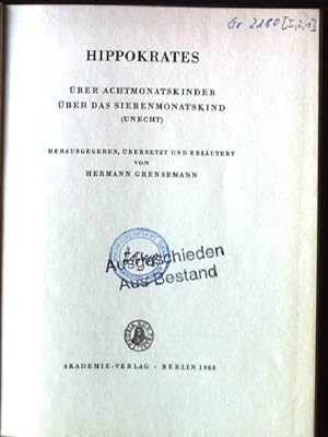 Imagen del vendedor de Hippokrates, ber Achtmonatskinder ber das Siebenmonatskind Corpvs Medicorvm Graecorvm, I 2,1 a la venta por books4less (Versandantiquariat Petra Gros GmbH & Co. KG)