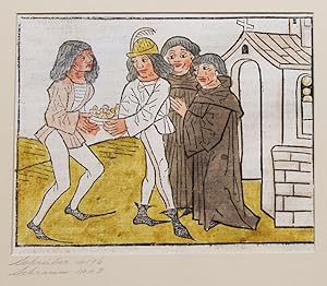 Bild des Verkufers fr Handcolored woodcut illustration from Heldenbuch. Becoming a monk zum Verkauf von James Cummins Bookseller, ABAA