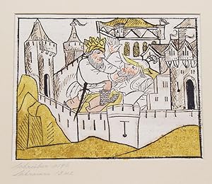 Bild des Verkufers fr Handcolored woodcut illustration from Heldenbuch. Elberich and the King zum Verkauf von James Cummins Bookseller, ABAA