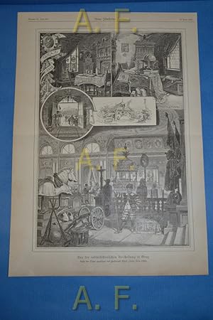 Bild des Verkufers fr Aus der culturhistorischen Ausstellung in Graz. Nach der Natur gezeichnet von Ferdinand Wst. // Druck nach einem Holzschnitt aus: Neue Illustrirte Zeitung. Studirstube, Bauernhaus, Haupthalle. zum Verkauf von Antiquarische Fundgrube e.U.