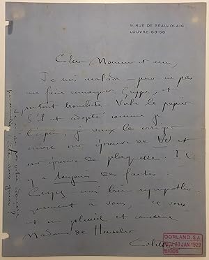 Seller image for Autographed letter signed in French for sale by Argosy Book Store, ABAA, ILAB