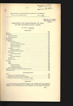 Immagine del venditore per Structure and Stratigraphy of Part of the Bannock Range, Idaho. Bulletin of the Geological Society of America, Vol. 54, pp. 973-986, July 1, 1943. venduto da Antiquariat Bookfarm