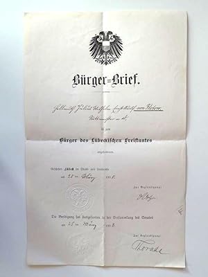 Bürger-Brief des Lübeckischen Freistaates für Adolf von Flotow 1908