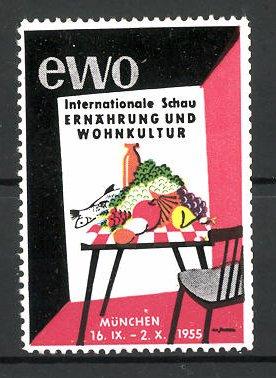 Bild des Verkufers fr Reklamemarke Mnchen, Internationale Schau "Ernhrung und Wohnkultur" 1955, gedeckter Esstisch zum Verkauf von Bartko-Reher