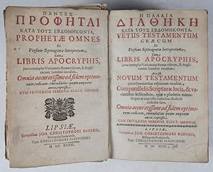 Bild des Verkufers fr Pantes proph"tai: kata tous hebdom"konta, Prophetae omnes Ex Versione Septuaginta Interpretum, Cum Libris Apocryphis [.] H" palaia diath"k" kata tous Hebdom"konta, Vetus Testamentum Graecum Ex Versione Septuaginta Interpretum, Cum Libris Apocryphis, juxta exemplar Vaticanum Romae editum, & Anglicanum Londini excusum. Accesit Novum Testamentum juxta Oxoniensem editionem recusum, Cum parallelis Scripturae locis, & variantibus lectionibus, quae e plurimus manuscriptis & impressis codicibus studiose collectae sunt. Omnia accuratissime ad fidem optimorum codicum, emendatius quam unquam antea, expressa zum Verkauf von ERIC CHAIM KLINE, BOOKSELLER (ABAA ILAB)