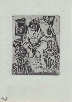 Ex libris [Giovanni] Botta. Radierung in Schwarz auf blauem Karton.