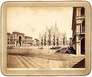 Milan Piazza del Duomo Large albumen photo Litographed cardboard 1870c Milano