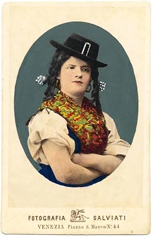 Cabinet Photograph Milan Lombardia Handcolored Italian Costume Young woman with hat 1880c