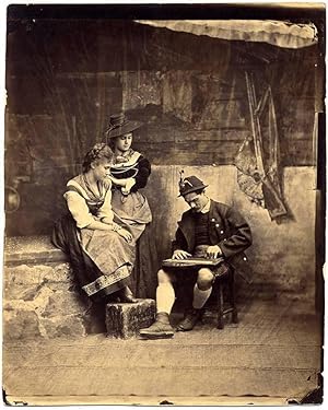 Photograph Tyrol Tyrolese costume Man plays a musical instrument Two girls listen 1870 Xl23