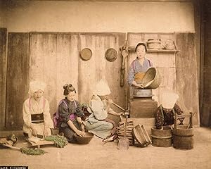 Photograph Japan Women in the kitchen Original vintage handcolored photo 1890c XL189