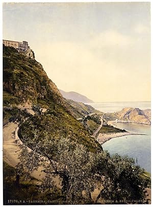 Taormina Sicily Castle Landscape Vintage photochrome 1900c A. Reber Palermo L193