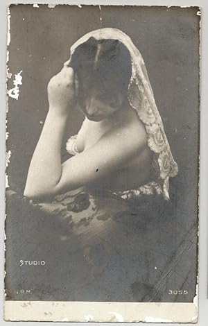 Portrait of a mysterious woman with lace veil Post card 1900c Studio V116