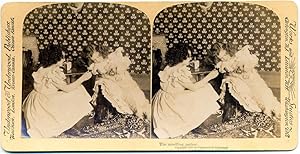 Stereo view The unwilling patient Two girls with little dog Underwood 1901 S977