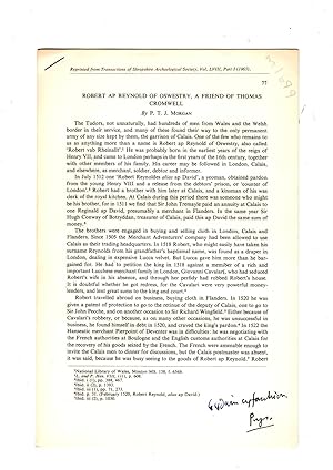 Bild des Verkufers fr Robert ap Reynold of Oswestry. A friend of Thomas Cromwell. Reprinted from the Transactions of Shropshire Archaeological Society (1965) zum Verkauf von Gwyn Tudur Davies